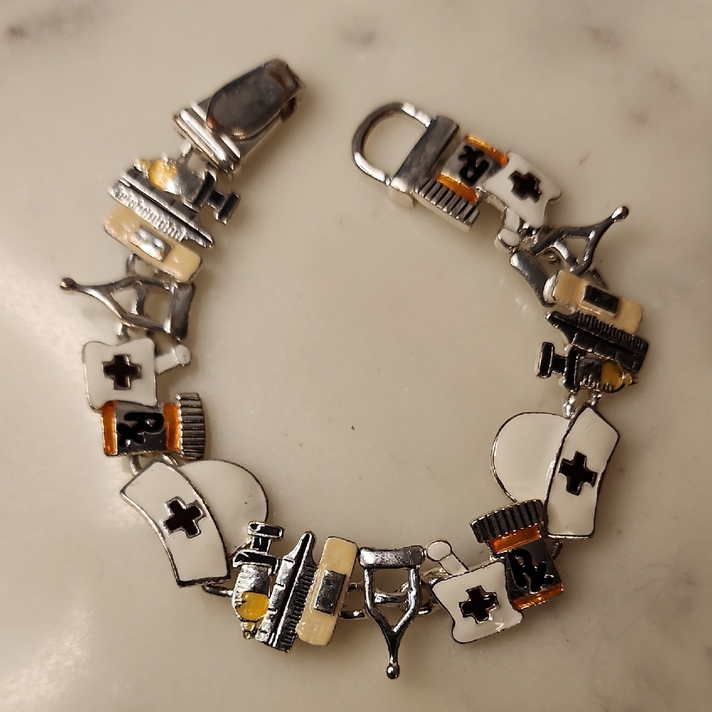 Nursing Silver and White Enamal Charm Bracelet
